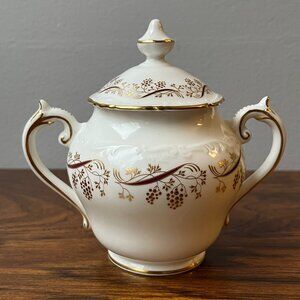 Vintage COALPORT Burgundy Lidded Sugar Bowl Bone China England Gold Grapes Vine